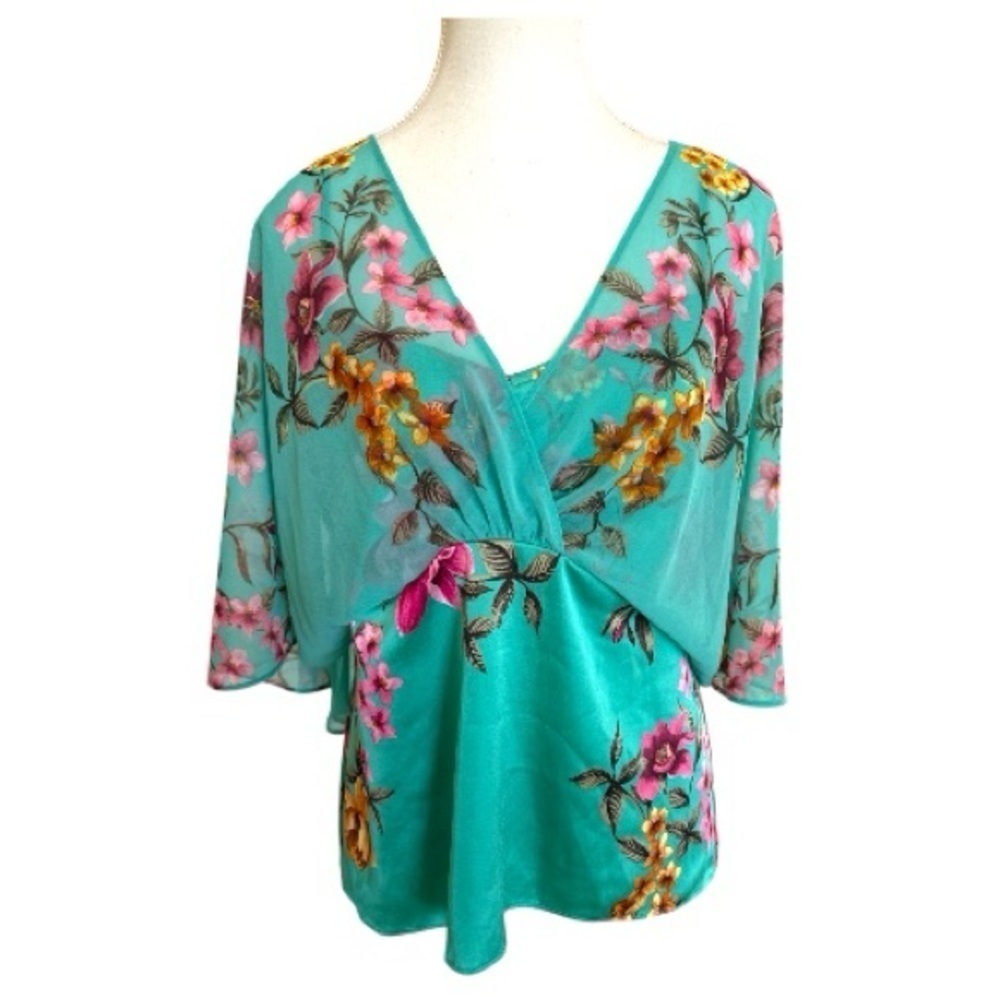 White House Black Market Teal Floral Overlay Blouse